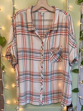 Women's Cato Plaid Cream Teal Orange Lightweight Capsleeve Button Up XXL